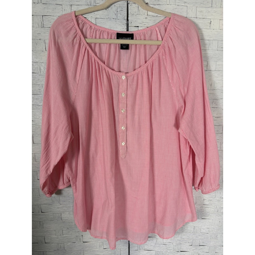 Lane Bryant Womens Blouse Henley Pink White Striped Cotton 3/4 Sleeve Plus Size